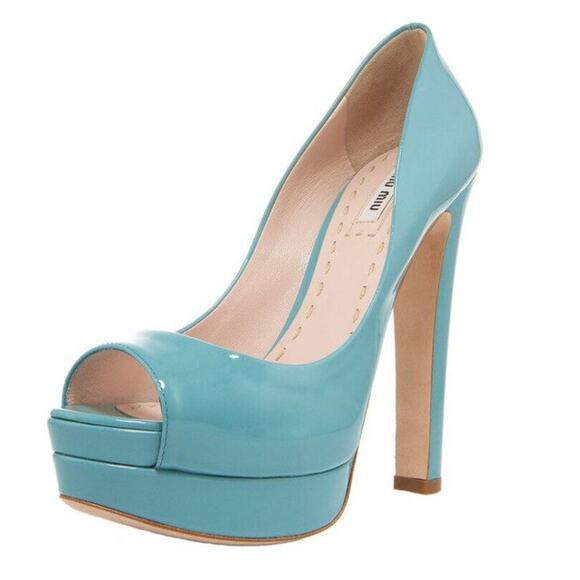 MIU MIU Seafoam Green Patent Leather Peep Toe Platform Pump Heels Size 39 - Picture 2 of 8